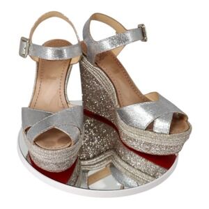 Christian Louboutin Almeria Silver Glitter Espadrille Wedge Sandals Approx 7